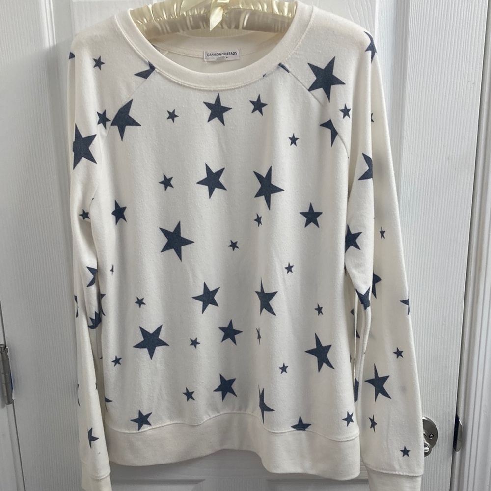 Women's Star Print Sweatshirt - White and Blue